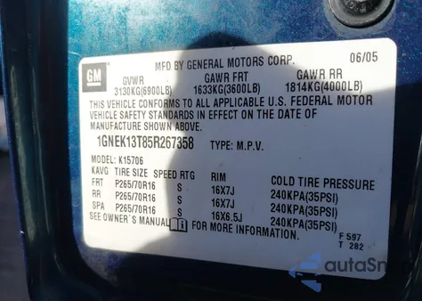 2005 Chevrolet Tahoe Ls z USA, uszkodzony, nr VIN 1GNEK13T85R267358